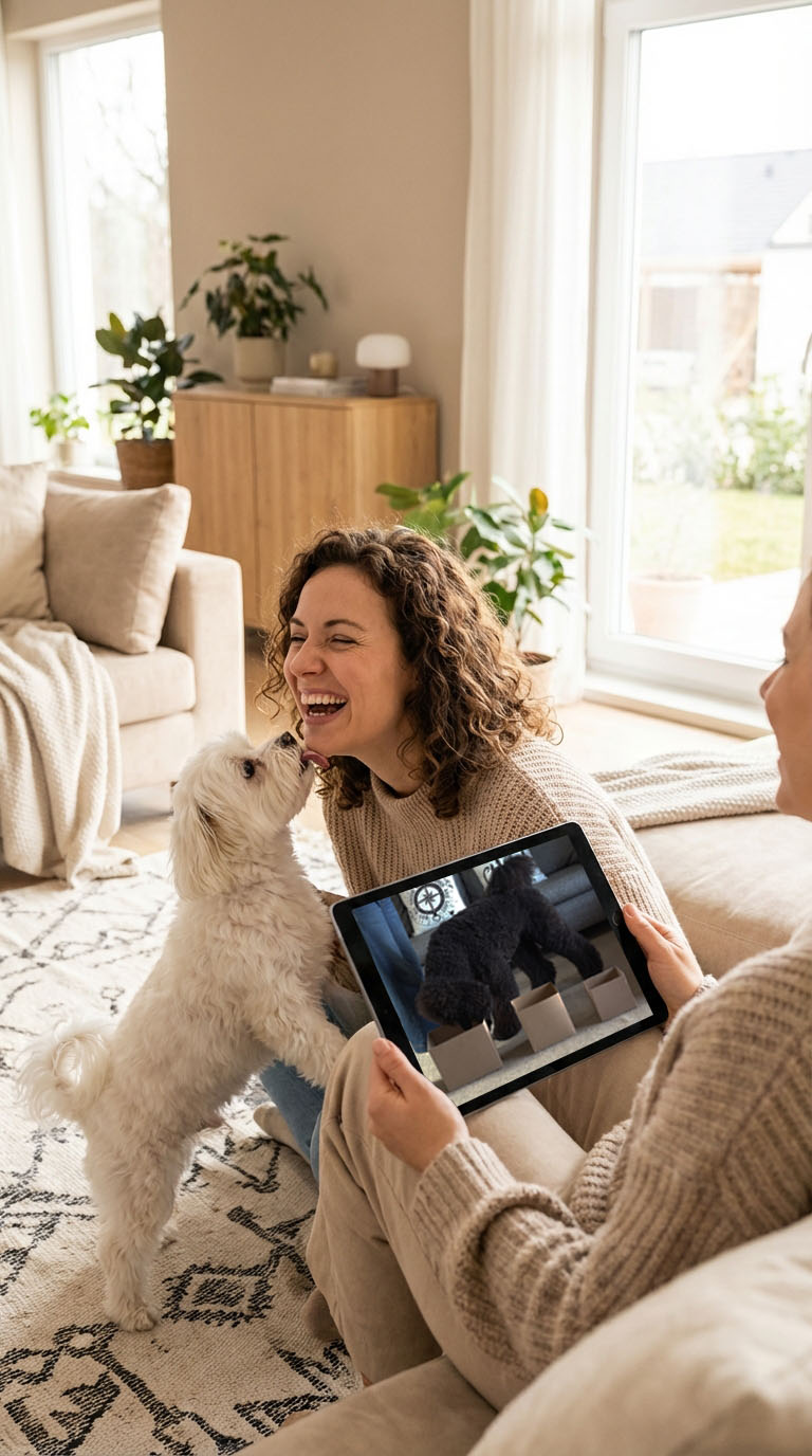 Person watching video instructions on tablet with dog